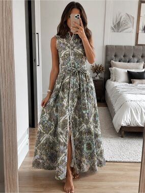 Avec Les Filles Paisley Belted Eyelet Trim Sleeveless Maxi Shirt Dress White L
